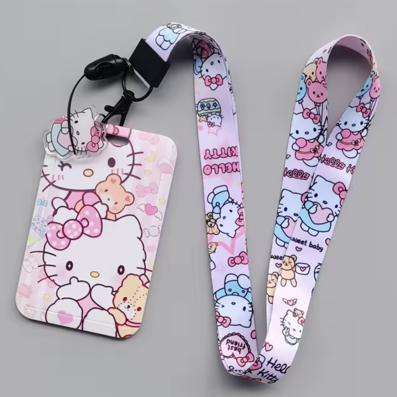 Pink cat retractable ID badge holder with reel and neck lanyard