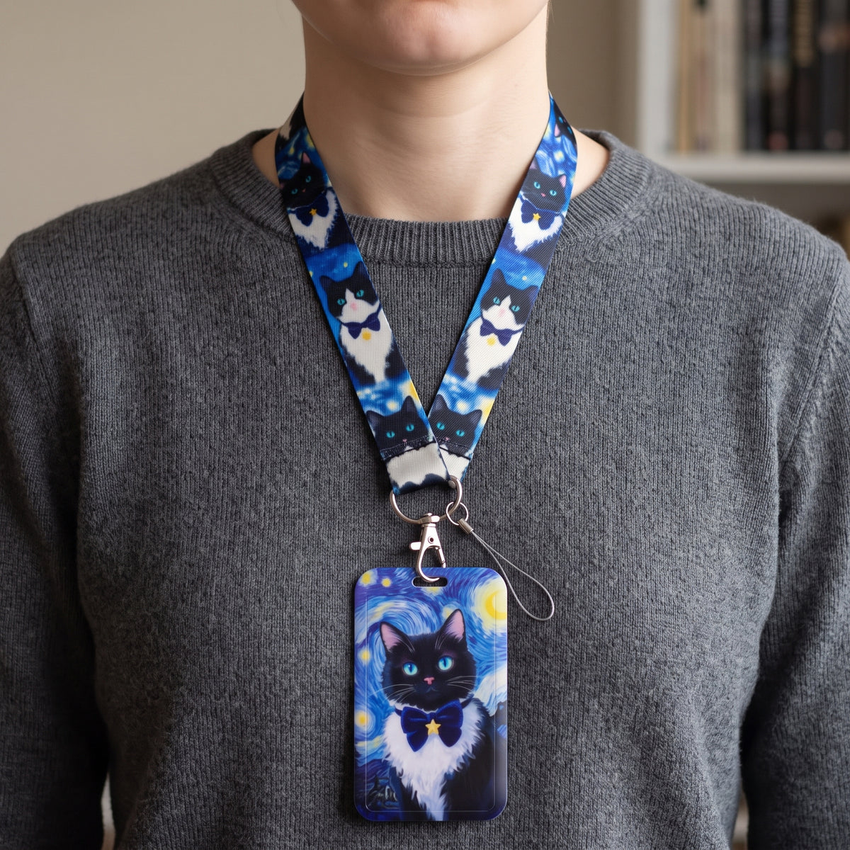 Black Cat Blue Bow Tie Lanyard & ID Card Holder