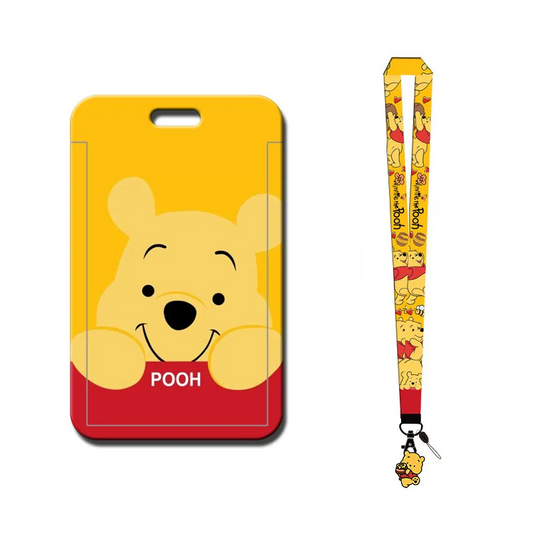 Yellow bear cartoon ID card holder with neck lanyard and keychain