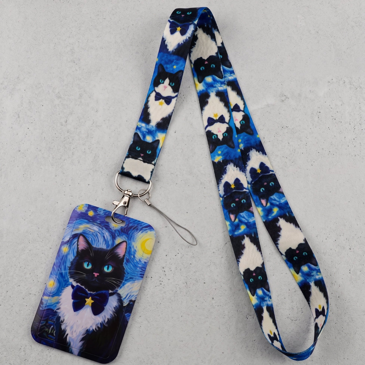 Black Cat Blue Bow Tie Lanyard & ID Card Holder