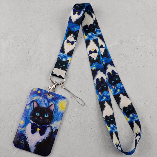 Black Cat Blue Bow Tie Lanyard & ID Card Holder