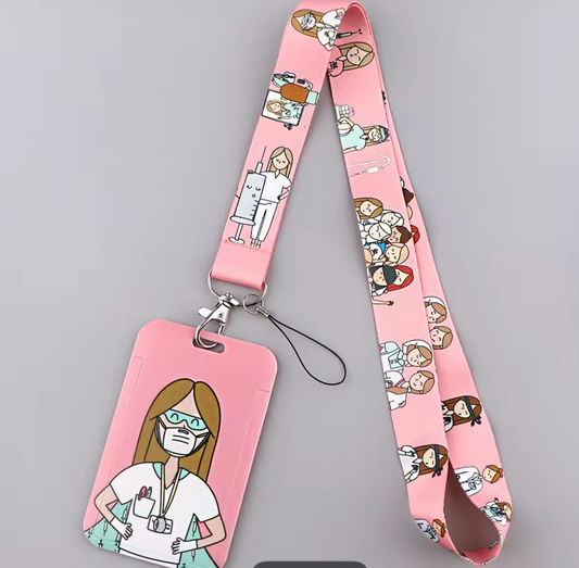 Pink medical ID card holder shown close up with lanyard clip