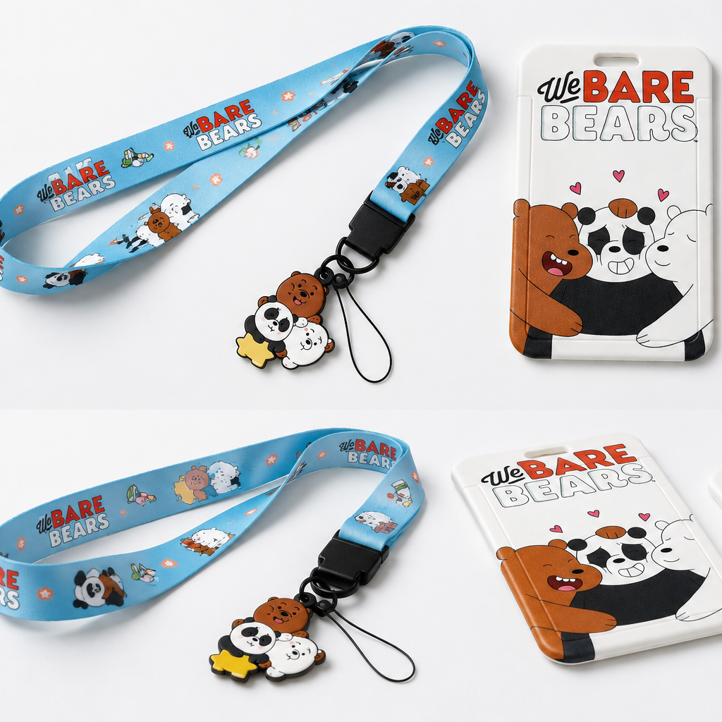 Bear card holder with ID card inserted and lanyard attached